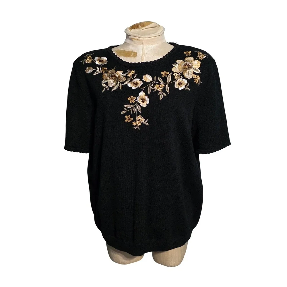Alfred Dunner Womens Black Floral‎ Embroidered Beaded Knit Sweater Top Large